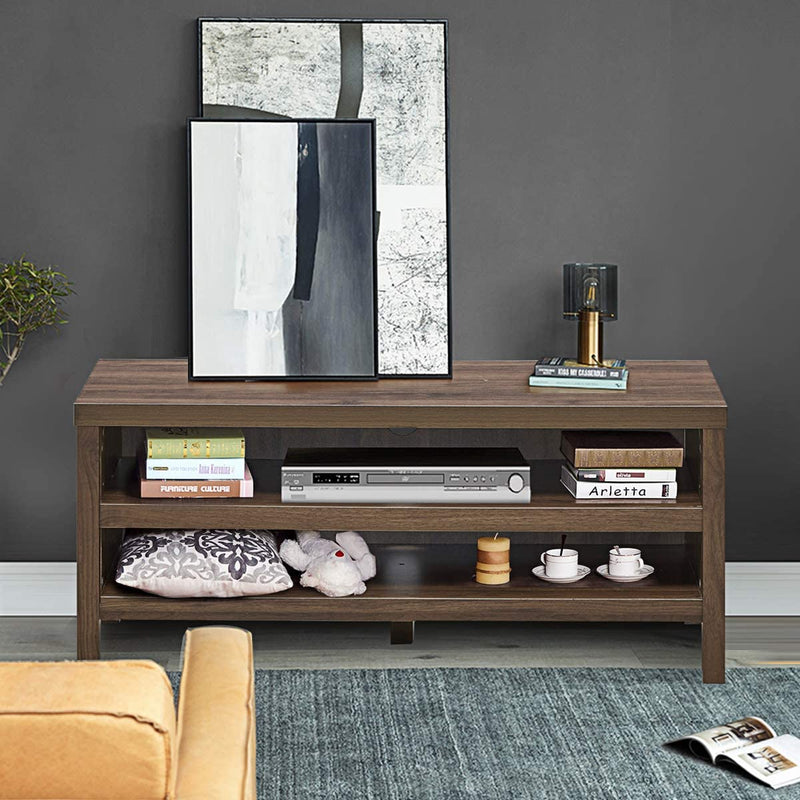 tv-meubel, tv-tafel met 2 open opslagplanken, houten tv-lowboard, 106,5 x 44,5 x 46cm, moderne tv-plank, tv-kast voor woonkamer, slaapkamer en entertainmentkamer, walnoot