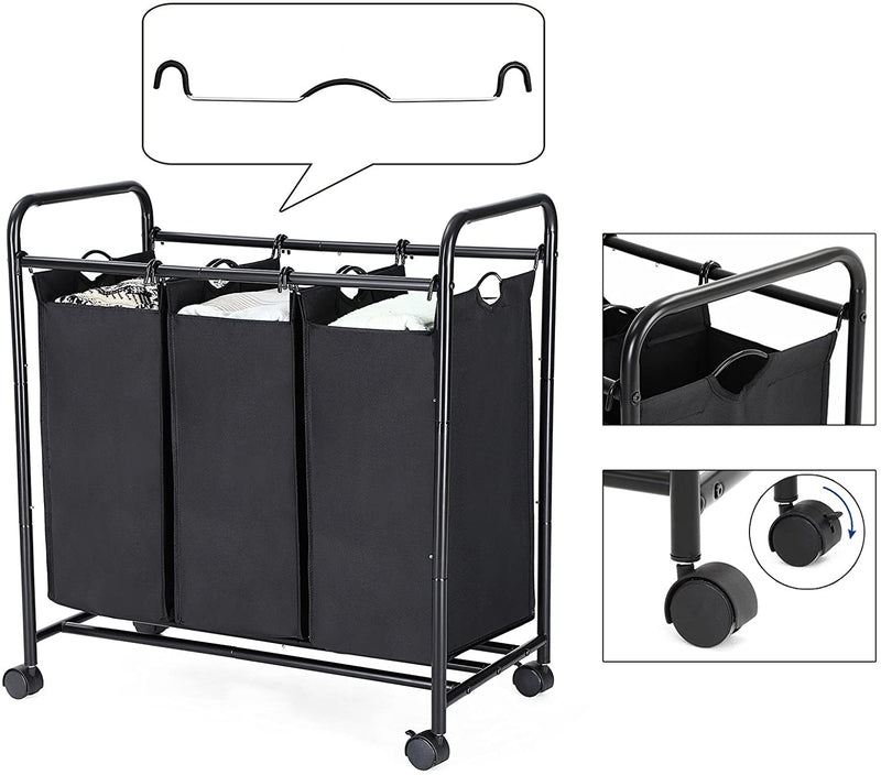 Wasmand, wasverzamelaar met 3 afneembare stoffen zakken, wasbak op wielen, wasserette, stevig, 3 x 44 liter, zwart LSF003B