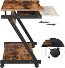 Bureau, computertafel met 4 wielen, 2 daarvan met remmen, pc-tafel, lichtlopende toetsenbordlade, eenvoudige montage, ruimtebesparende pc-tafel in Z-vorm, zwart,