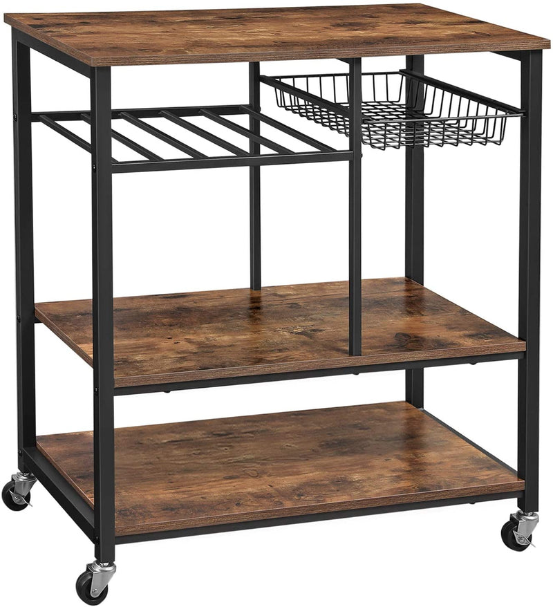 keukenplank met metalen korf- en flessenhouder, wijnrek, serveerwagen, keukenwagen, wagen met 3 planken, 80 x 40 x 86,5 cm, industrieel ontwerp, vintage, donkerbruin KKS80X