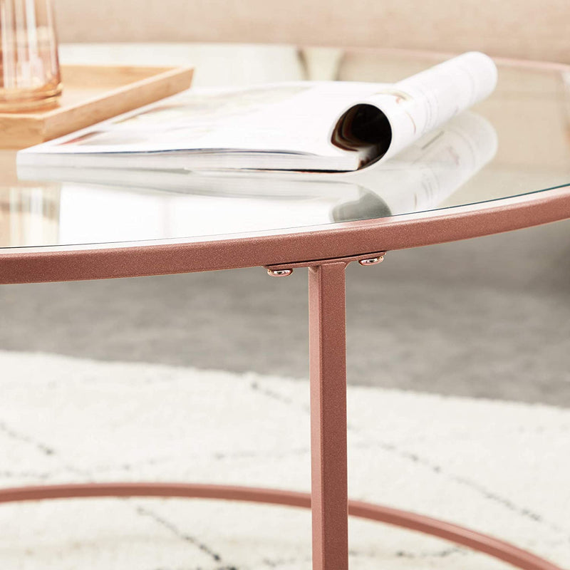 Bijzettafel Rond, Salontafel, Glazen Tafel met Metalen Frame, Gehard Glas, Nachtkastje, Sofa Tafel, voor Balkon, Rose Goud LGT021A02