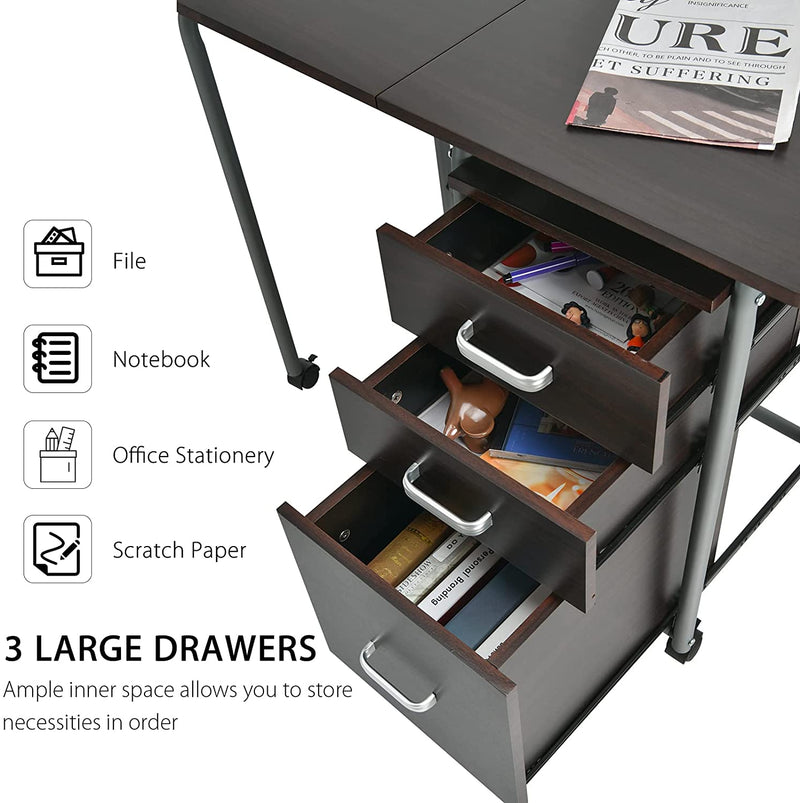 Bureau, computertafel, opvouwbaar computerbureau,  met 3 uitschuifbare laden en vergrendelbare wielen,105,5 x 50,5 x 74cm (Bruin)