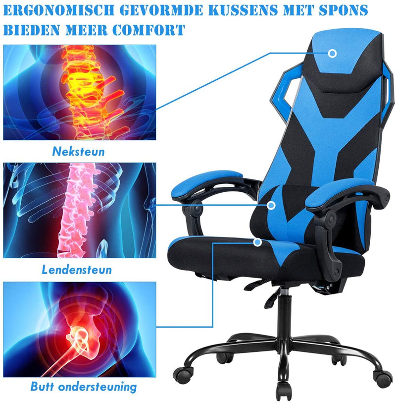 gamingstoel met wielen, racestoel met armleuning, verstelbare rugleuning, hoofdsteun en lendekussen, grote racestoelen met hoge rugleuning en verbrede verdikte zitting (Blauw)