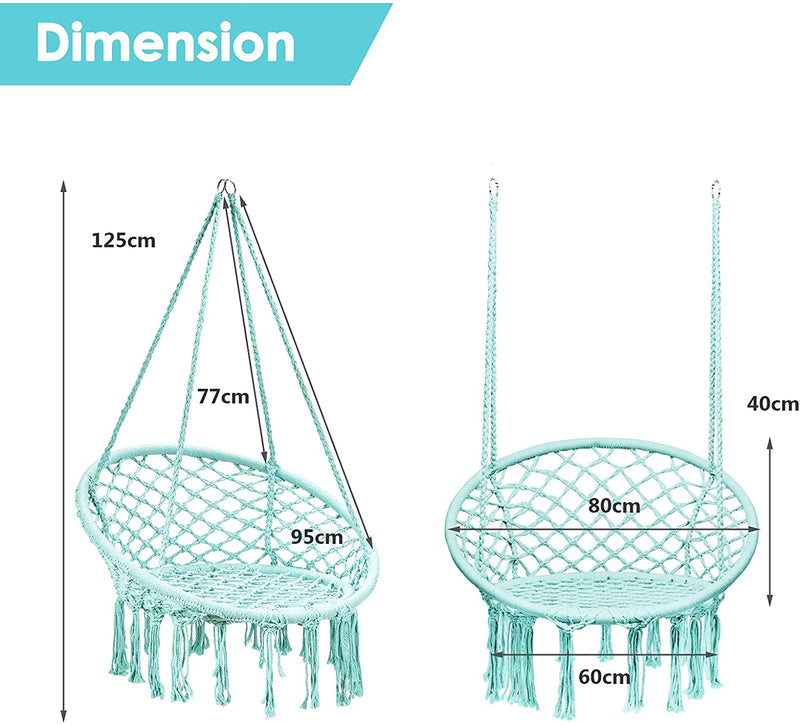 Hangstoel, katoenen touw macrame hangende schommelstoel voor woonkamer, tuin, balkon, scandinavische stijl, capaciteit van 150 kg (Groen)