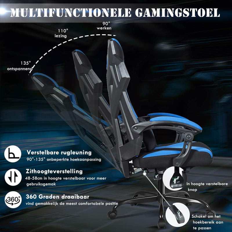 gamingstoel met wielen, racestoel met armleuning, verstelbare rugleuning, hoofdsteun en lendekussen, grote racestoelen met hoge rugleuning en verbrede verdikte zitting (Blauw)