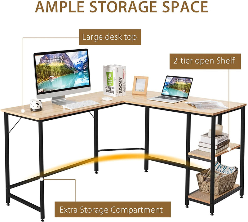 L-vormige bureau, kantoor/thuis bureau met twee opbergrek,  (Natuurlijk)