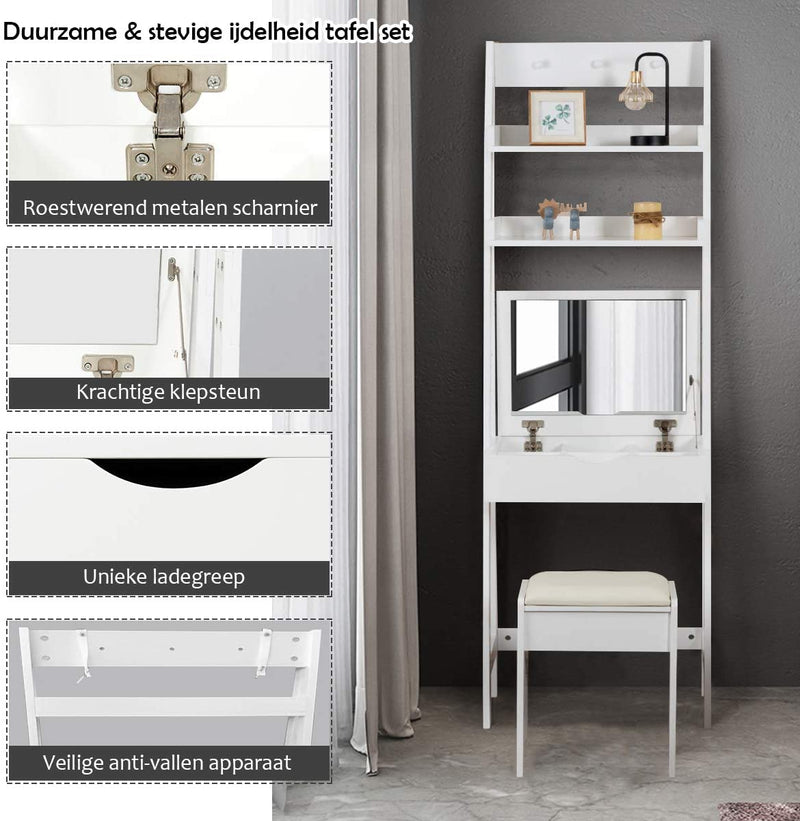 Kaptafel set met openen bovenkant spiegel, make-up tafel set met 3 haken & 2 opbergplank, 6 verwijderbare organizers, make-up tafel en kruk set met gedempte kruk, eenvoudige montage