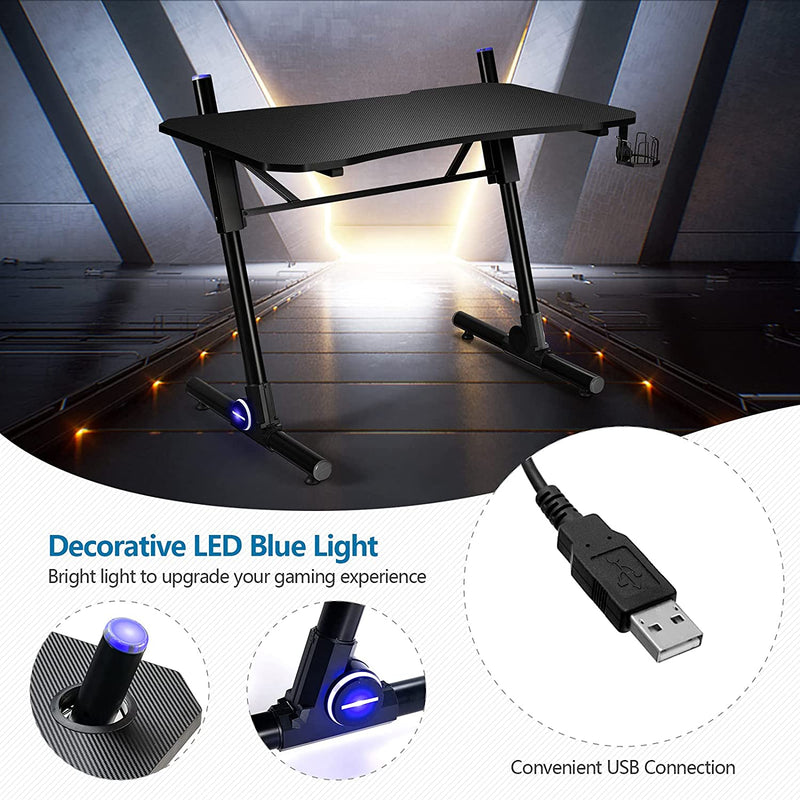 Gaming bureau, in hoogte verstelbaar PC computertafel met blauwe LED-verlichting, gaming handvat rek & bekerhouder,
