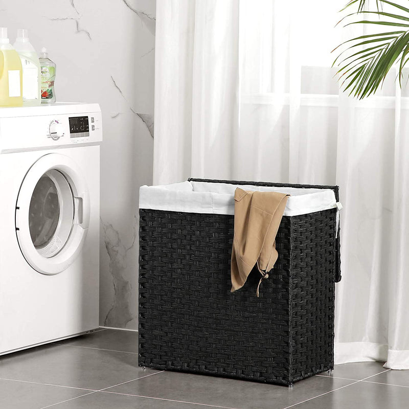 Wasmand handgeweven, synthetische rotan wasmand, met deksel en handvatten, wassorteermachine, opvouwbaar, waszak afneembaar, zwart LCB52BK