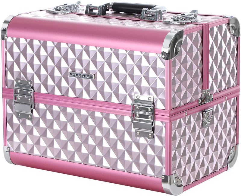 Beauty Case ,Make up koffer , Multi Case Make-up Case Vloertas Met Diamantpatroon Zilverkleurig Roze 36 x 28 x 23 cm JBC319P