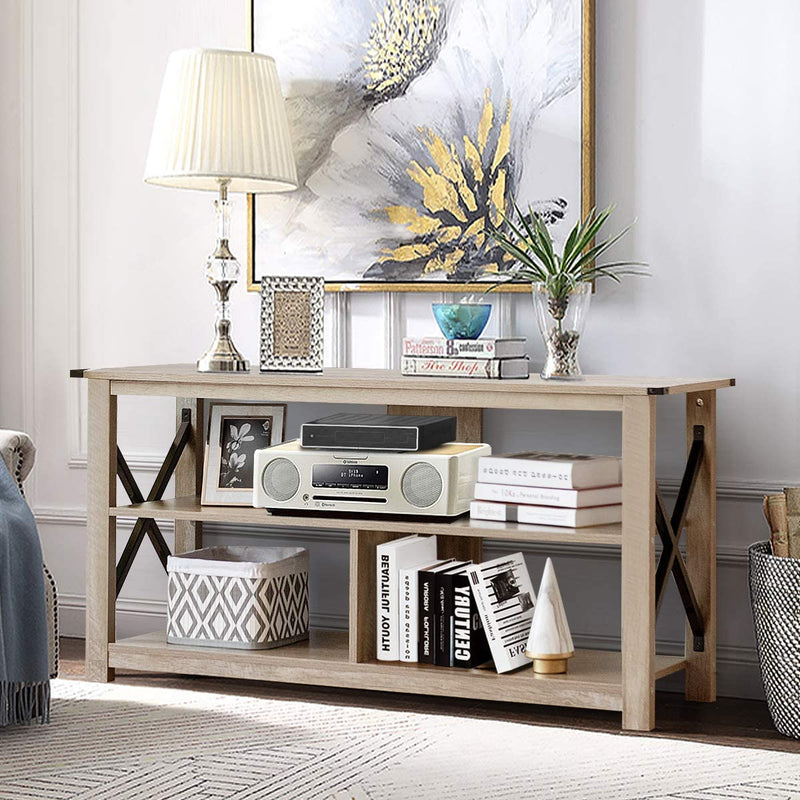 TV-tafel,120 cm  3 laags industriële tv-meubel met open planken, stevig X-stijl frame, handig kabelbeheer gaatje, boerenhuis tv-kast tv-plank tv-standaard,  120 x 40 x 60 cm (Grijs)