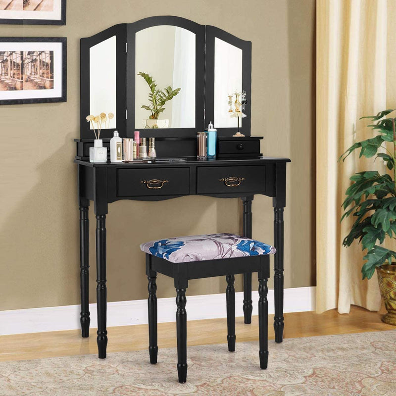 Kaptafel set, dressing table met opvouwbare spiegel, drie-vouwen spiegel make-up tafel set met beklede kruk, grote vanity set met afneembare spiegel (Zwart)