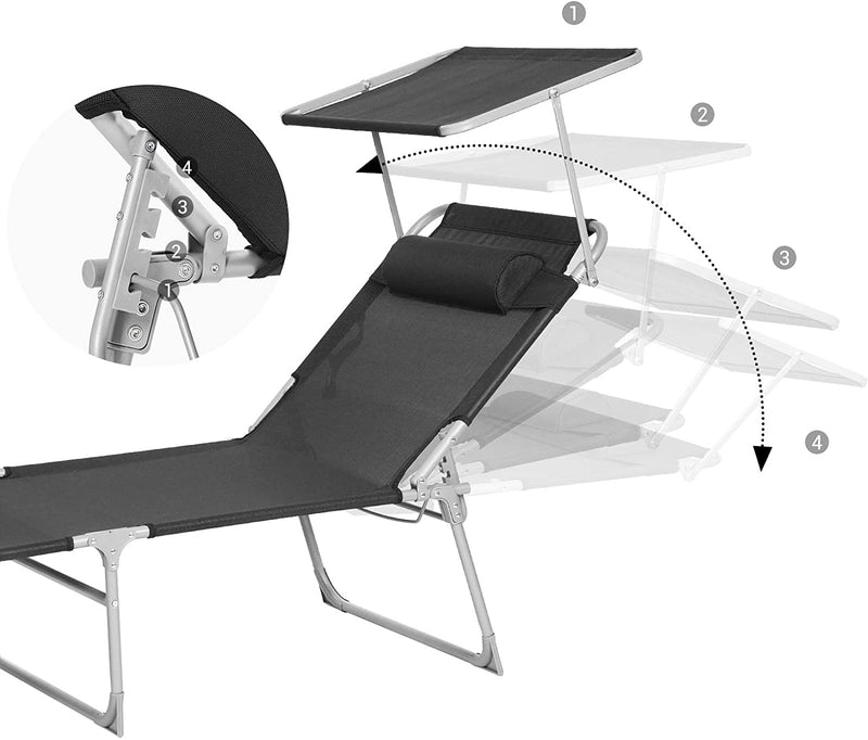 ligstoel, ligstoel, tuinstoel, extra groot, 71 x 200 x 38 cm, belastbaar tot 150 kg, met hoofdsteun en luifel, verstelbare rugleuning, opklapbaar, tuin, zwart GCB22BK