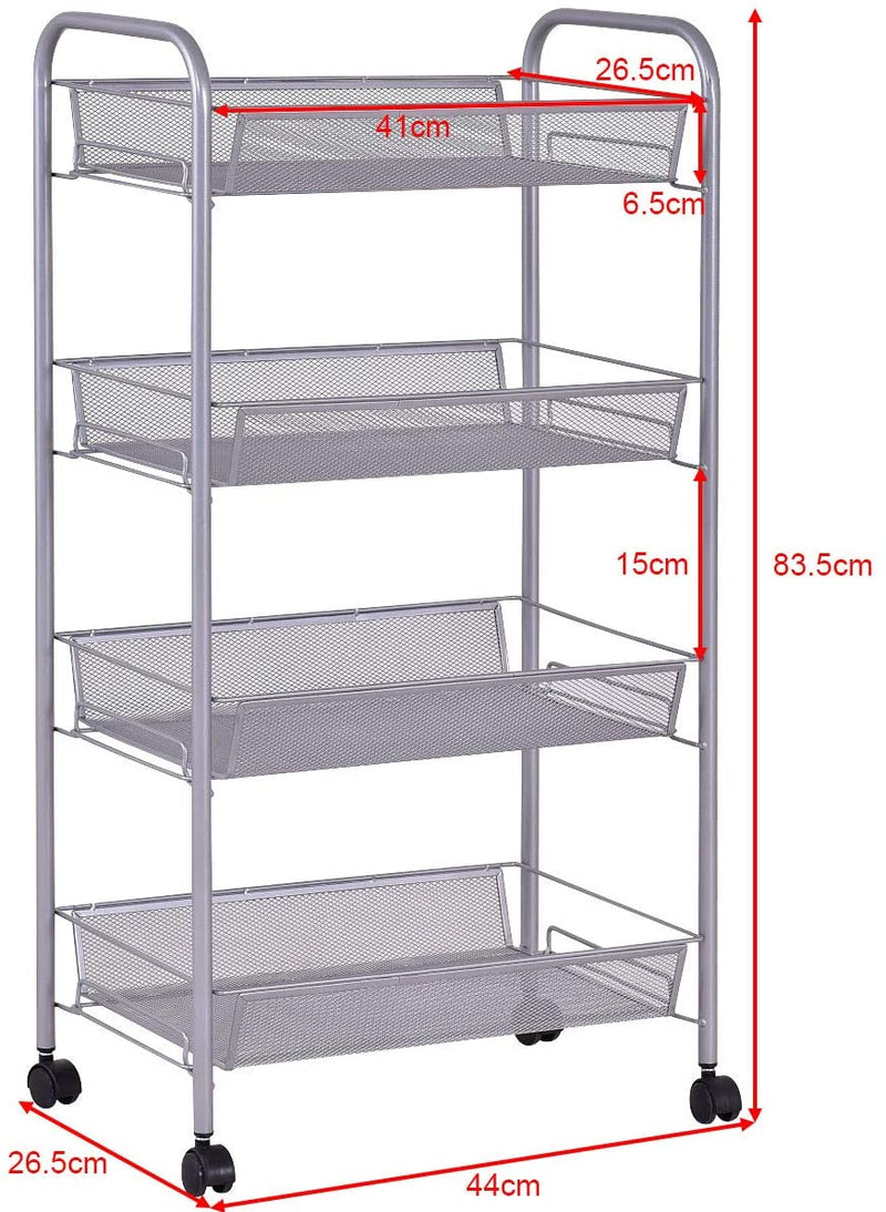Serveerwagen met 4 lagen, keukentrolley gemaakt van ijzer, opbergtrolley met flexibele wielen en planken, multifunctionele trolley voor badkamer, keuken, eetkamer, kantoor (Grijs)
