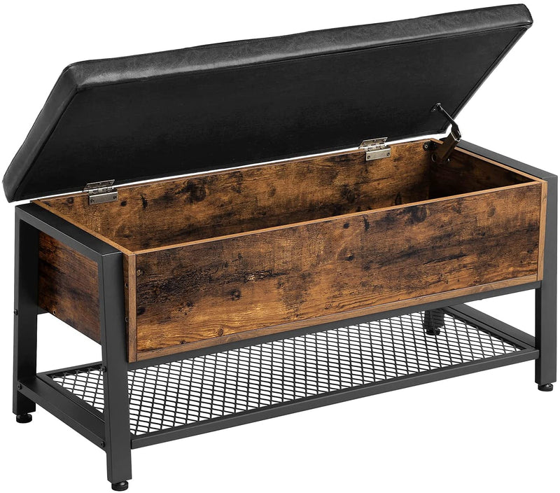 Schoenenbankje; zitbankje met zitkussen en schoenenrek; met opbergruimte; multifunctionele kist; hal, slaapkamer, ijzer, vintage, kunstleer
