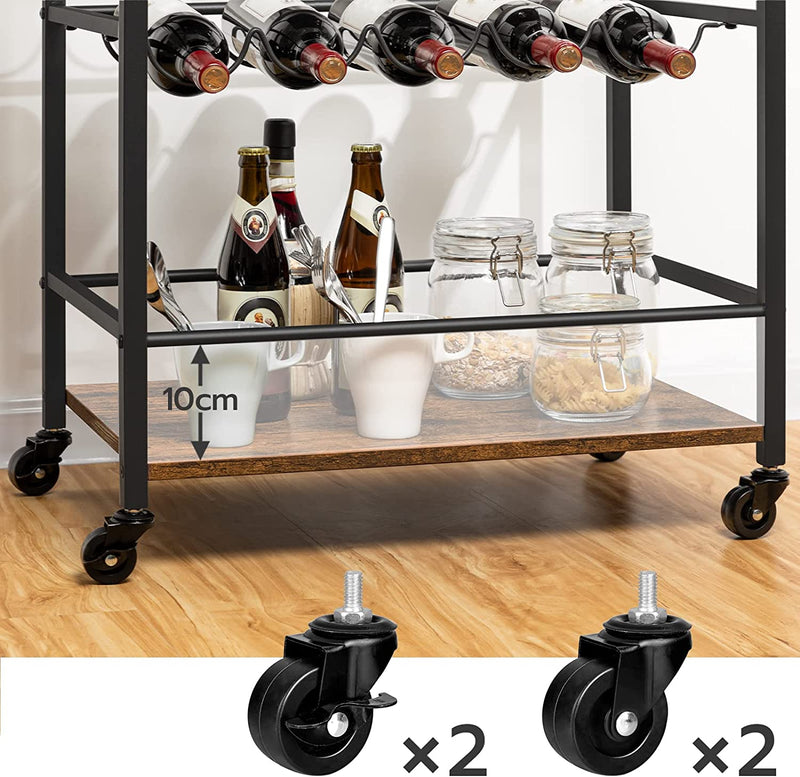 Barwagen, Serveerwagen op Wielen, Keukenwagen met Dubbellaags Wijnrek en Bekerhouder, geschikt voor Keuken, Eetkamer, Woonkamer, Rustiek Bruin EBF85TC01