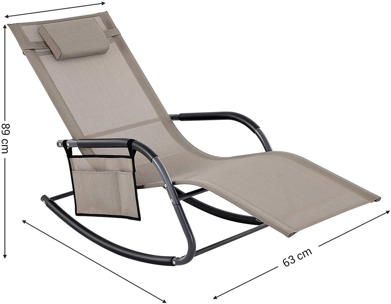 tuinstoel, ligstoel, schommelstoel met hoofdsteun en zijvak, ijzeren frame, kunstvezelstof, ademend, comfortabel, tot 150 kg belastbaar, bruin GCB23BR