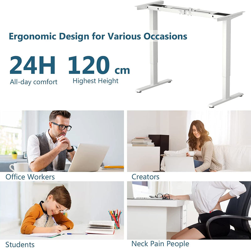 Elektrisch zit/sta bureau frame, 70-120 cm in hoogte verstelbaar, dubbel motoren, 3 geheugenbediening, ergonomisch zit sta werkstation (Wit)