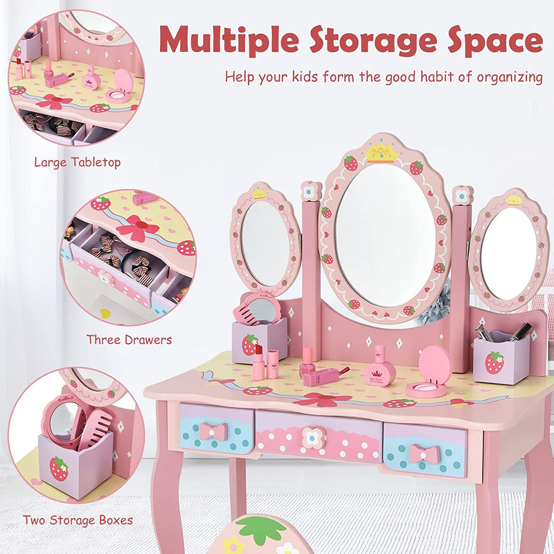 Kaptafel voor kinderen met drievoudige spiegel, kinder kaptafel en stoel met 3 lades, 2 opbergdozen, meisjes make-up tafel met krukje voor kinderen (Roze)
