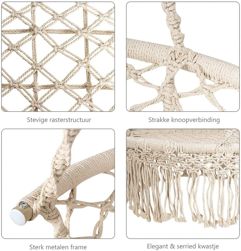 Hangstoel macrame schommelstoel, hangende katoenen touw stoel met kwastjes, maximaal 160kg  (kussens niet inbegrepen) (Beige)