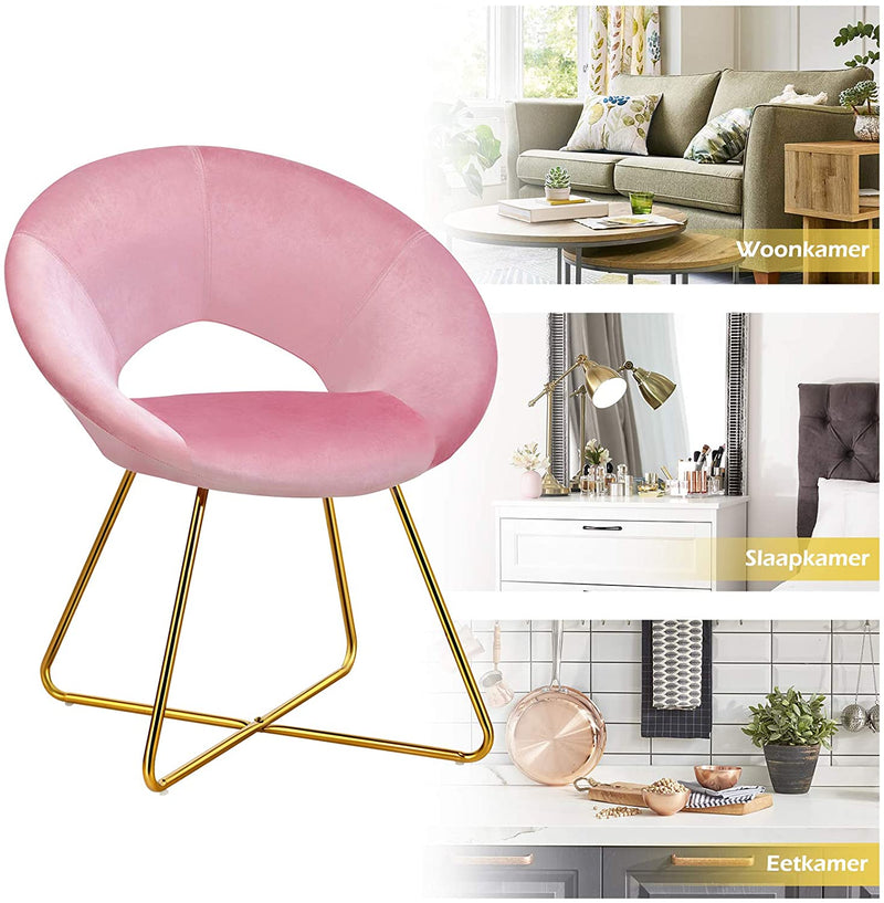 Fluwelen vrije tijd stoel, gestoffeerde armleunstoel met Gouden metalen poten (Roze)