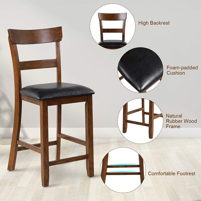 Set van 2 Hoge aanrecht stoelen, 65 cm zithoogte barstoel met rugleuning, schuim-gewatteerde kussen, rubber houten poten, houten antieke eetkamerstoel voor kroeg, woonkamer, keuken
