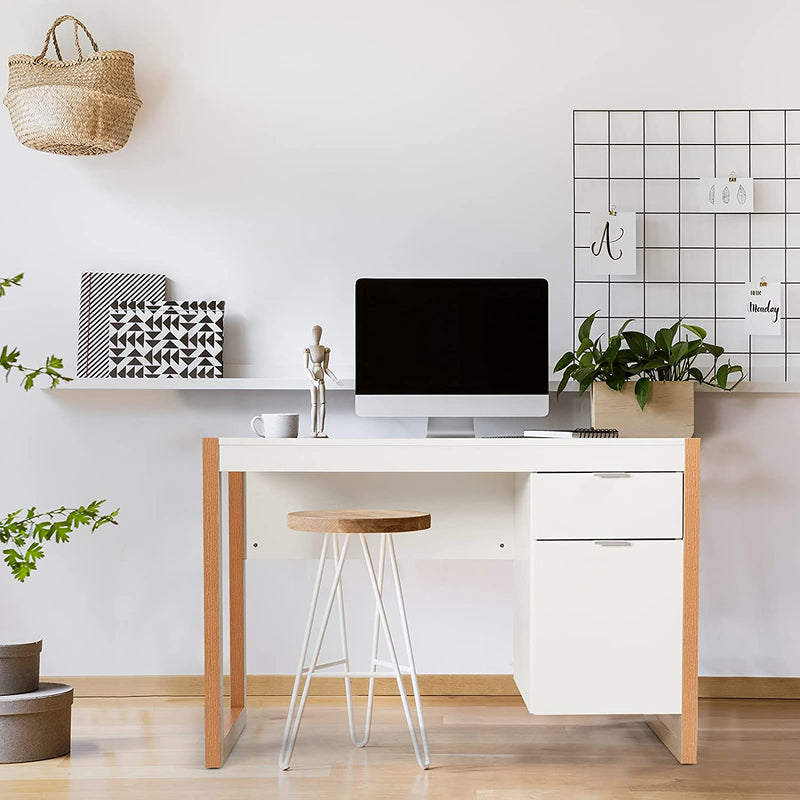 Modern computer bureau, computertafel computerbureau werkstation met opbergkast, lade, stevige structuur, schrijftafel, ideaal voor thuiskantoor, 112,5 x 50 x 75 cm (Wit)