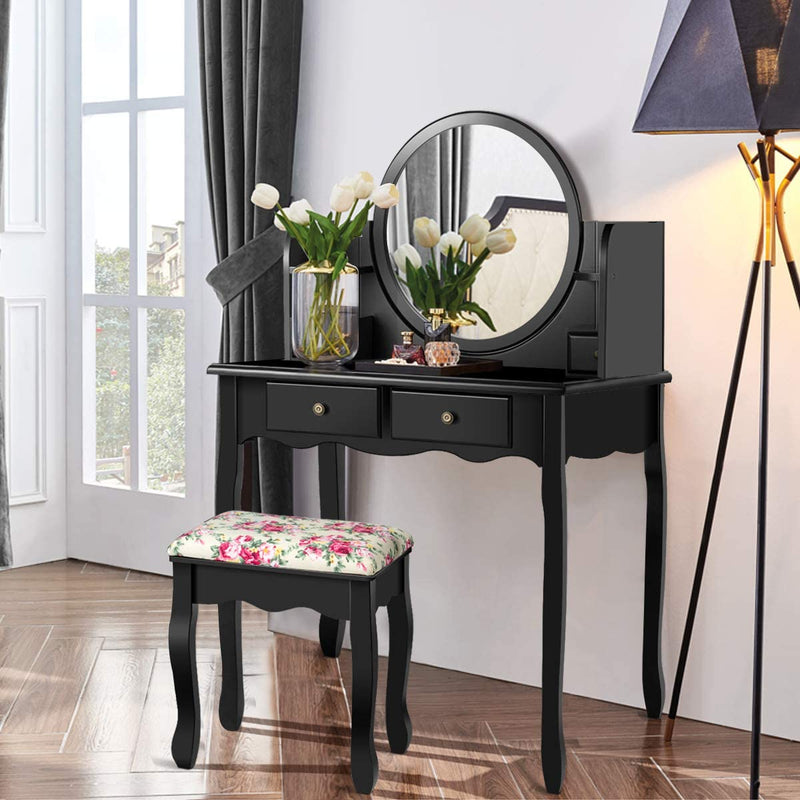 Kaptafel, kaptafel set met krukje, make-up tafel met 360° draaibare en afneembare spiegel, kaptafel met 4 lades en 2 planken (Zwart)