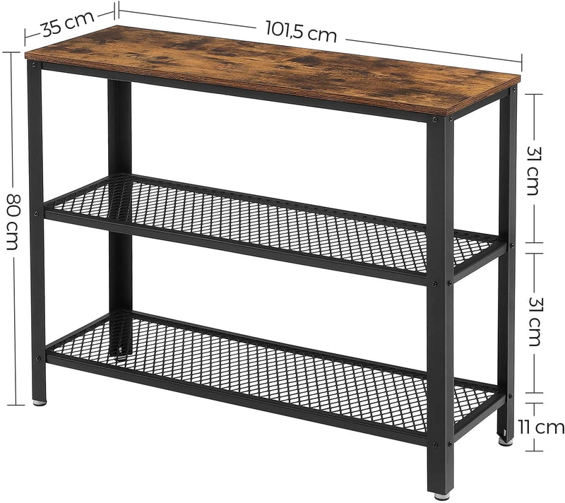 Consolettafel, gangtafel met 2 roosterplanken, bijzettafel, dressoir, woonkamer, hal, 101,5 x 35 x 80 cm, smal, staal, industrieel design, vintage bruin-zwart LNT81BX