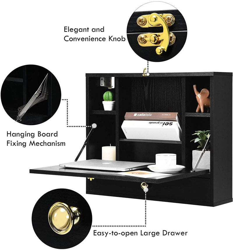 Wandgemonteerde tafel, opvouwbaar laptopbureau, met opbergvak en -lade, wand ophangende schrijftafel, compacte houten laptoptafel,(Zwart)