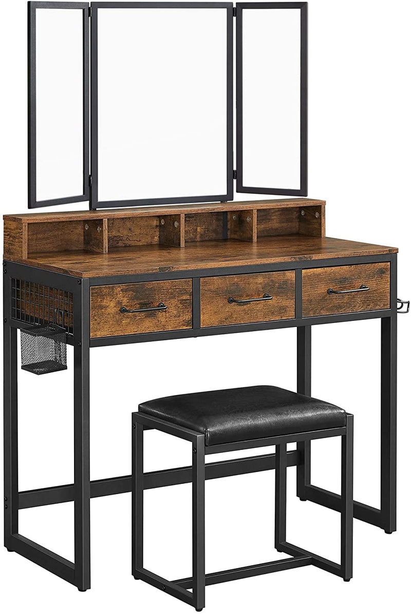 kaptafel Dressing Table met 3-delige klapspiegel, Haardroger Houder, make up tafel met gestoffeerde kruk, 3 lades, vintage bruin-zwart RVT004B01