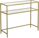 Consoletafel, bijzettafel met 2 planken, gehard glas, opbergplank, metalen frame, verstelbare poten, voor woonkamer, hal, goudkleurig LGT025A01