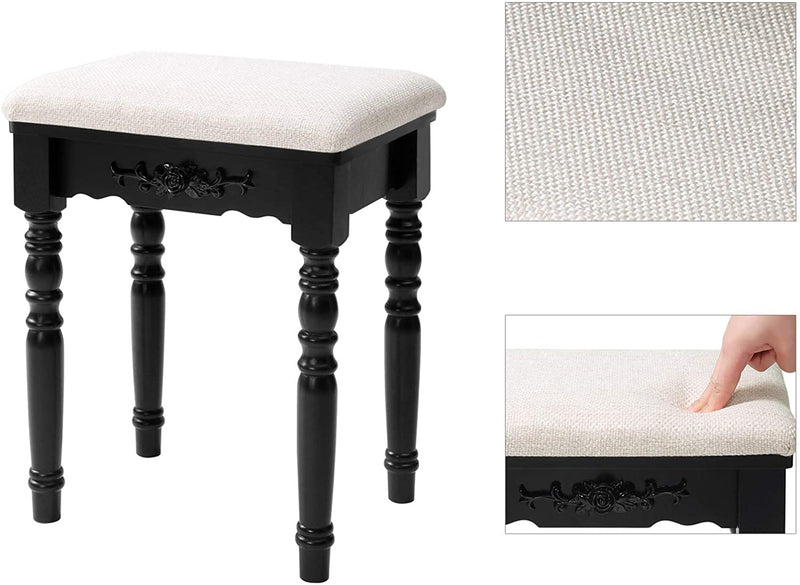 kaptafel met 7 lades, kaptafel met gestoffeerde kruk, 3-delige inklapbare spiegel met haak voor kettingen, 4 open vakken, 2 smalle vakken voor borstels, houten poten, zwart RDT60BK