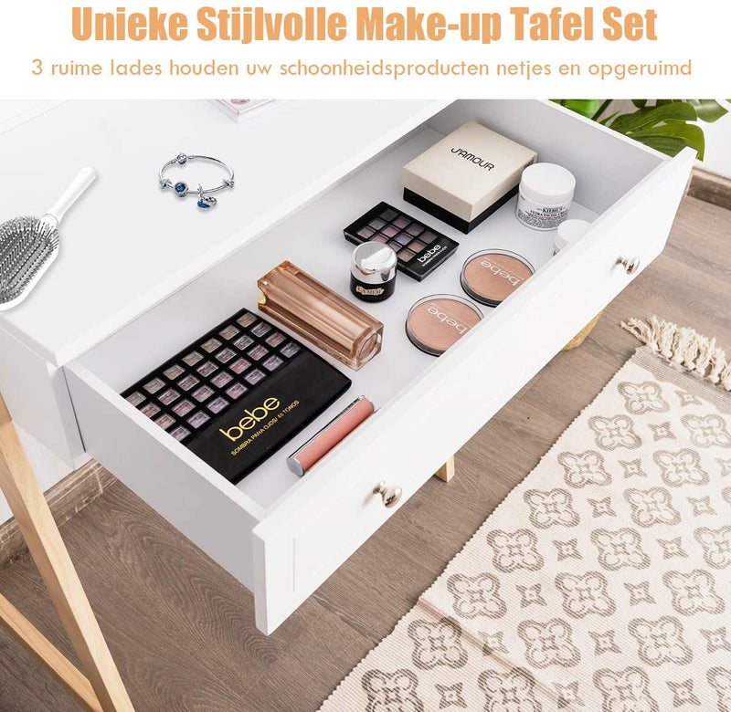 kaptafel set, make-up Ijdelheidstafel met 3 lades en 2-laags tafelblad, Cosmetische organisator met grote spiegel en gedempte kruk, slaapkamer- en studeerkamer meubilair voor vrouwen en meisjes