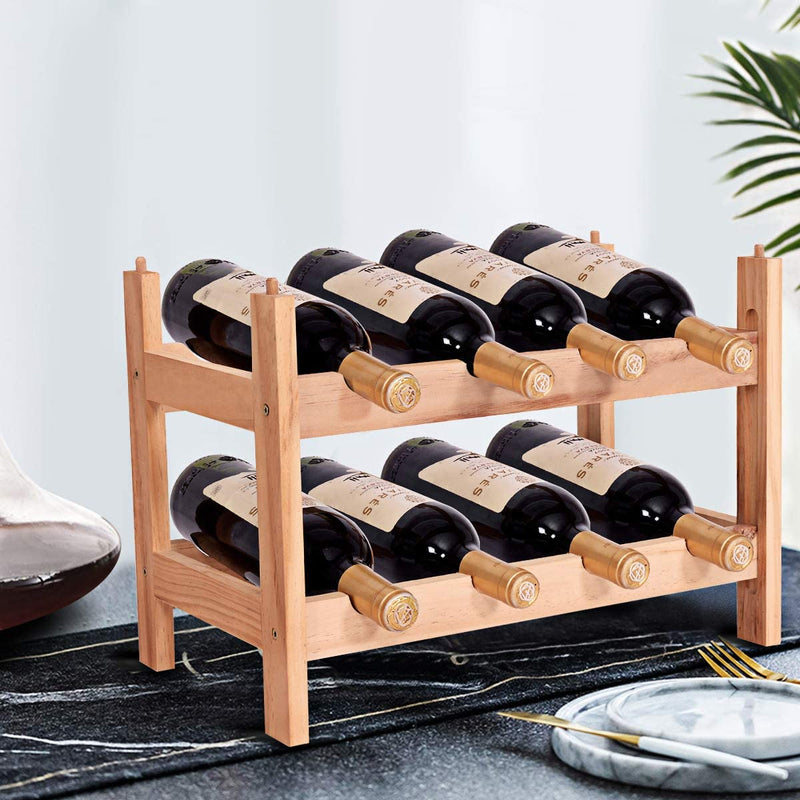 Houten Wijnrek, 2-lagen 8 flessen wijnfles houder, 100% grenen hout, golf ontwerp, glad oppervlak, stapelbare aanrecht wijn organisator voor keuken, cafe, bar, eetkamer (8-flessen)