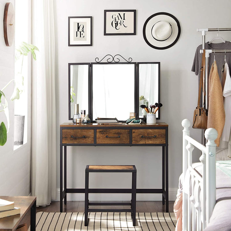 Kaptafel met kruk, Dressing Table met 3-delige klapspiegel en 3 lades, stalen frame, vintage bruin-zwart RVT02BX