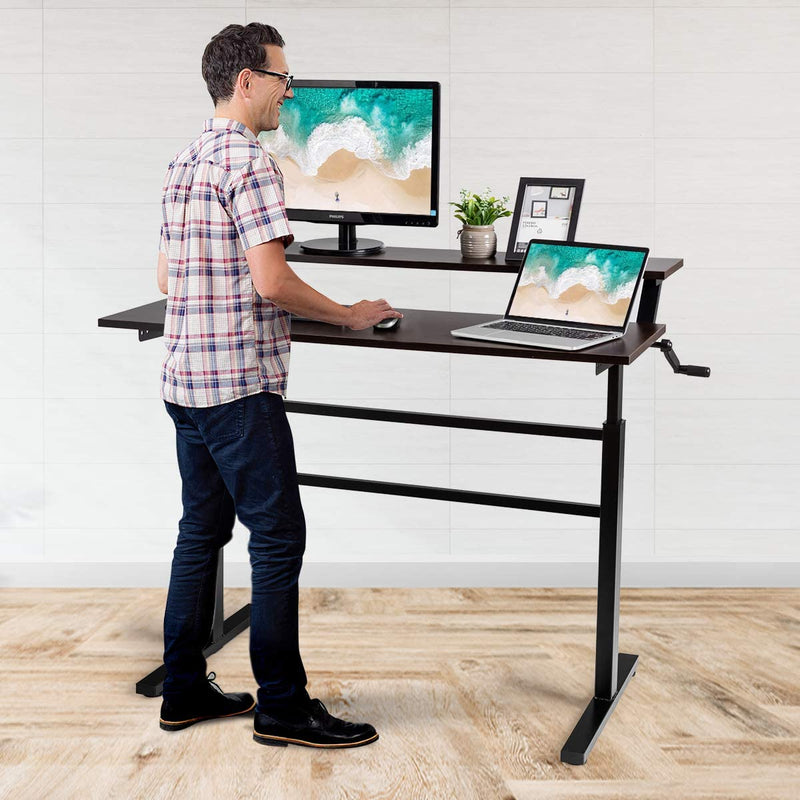 hoogte verstelbaar sta-bureau, zit-sta-werkstation met monitorplank, opvouwbare slinger, , bruin