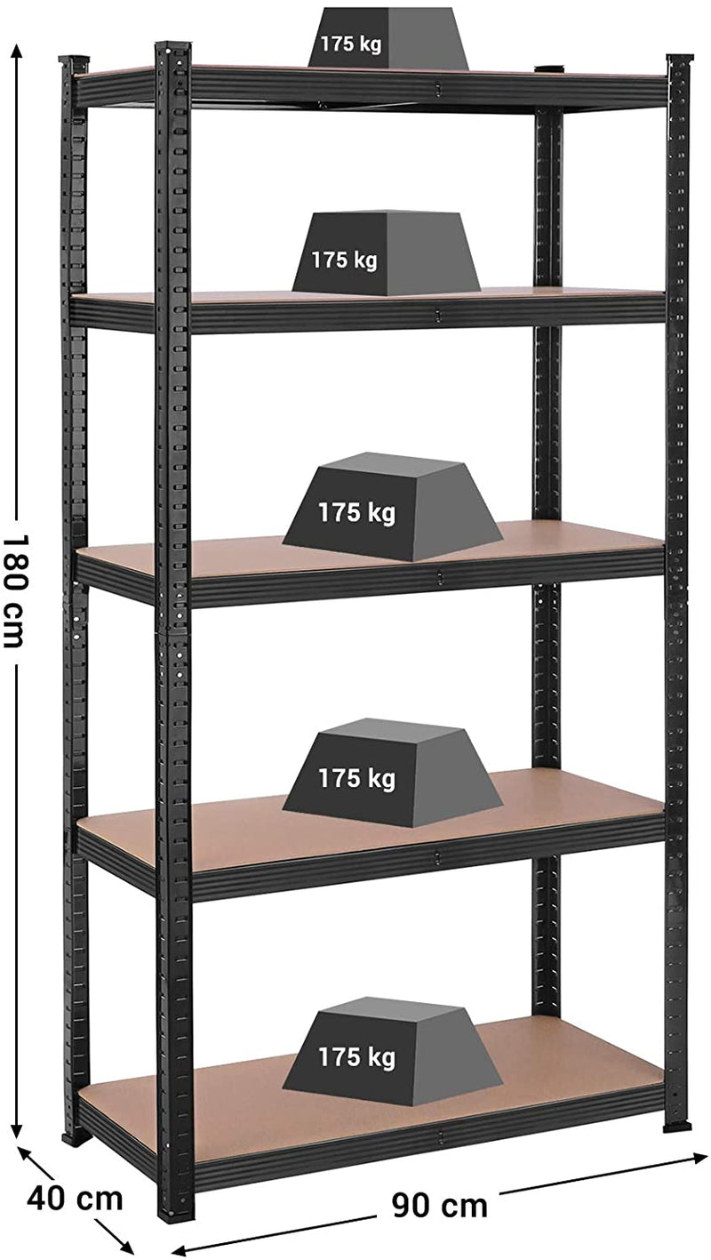 Magazijnrekken, zware lasten, set van 2, kelderrekken, 180 x 90 x 40 cm, tot 875 kg belastbaar, planken, steekplanken, versterkt stalen frame, 5 verstelbare planken, zwart GLR040B02