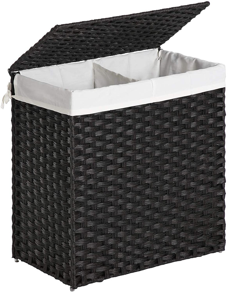 Wasmand handgeweven, synthetische rotan wasmand, met deksel en handvatten, wassorteermachine, opvouwbaar, waszak afneembaar, zwart LCB52BK