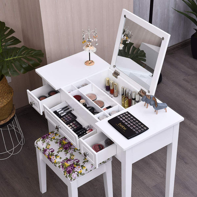 Kaptafel set met opklapbare bovenkant spiegel, 3 laden en een groot tafelblad, kaptafel set met gewatteerde kruk, ideaal voor slaapkamer, woonkamer, kleedkamer, badkamer, eenvoudige montage