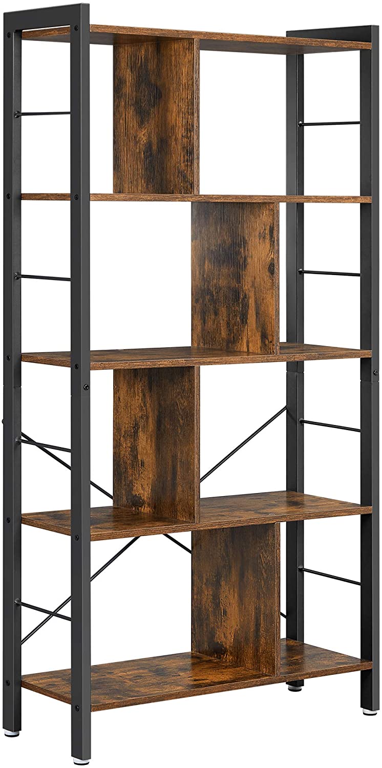 Boekenkast, plank met 4 niveaus, vrijstaande plank,  metalen frame, vintage bruin-zwart