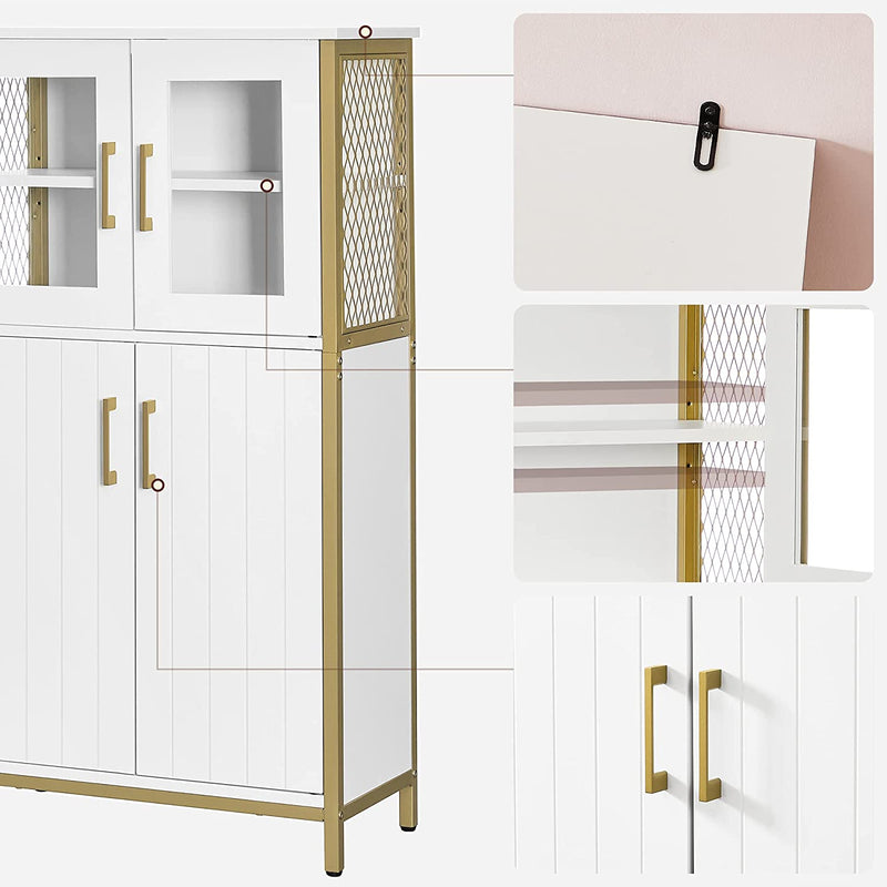 Badkamerkast, dressoir, opbergkast, verstelbare plank, stalen frame, voor woonkamer, keuken, wit-goudkleurig LSC260G10