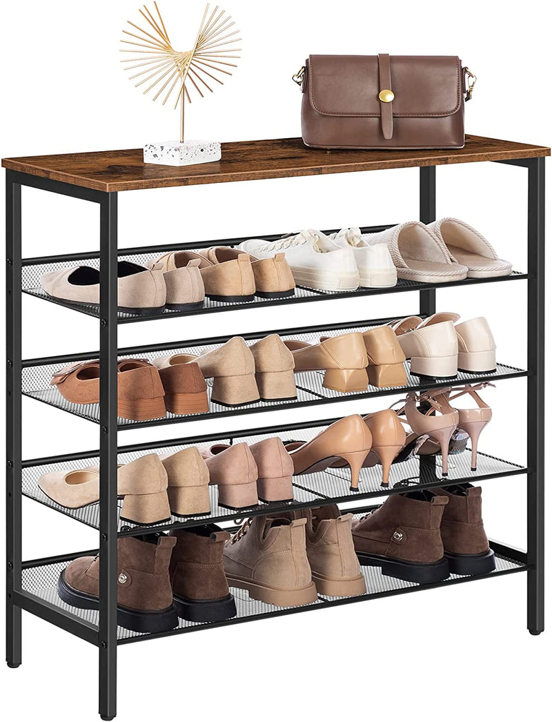 Schoenenrek, 5-laags schoenenkast, verstelbaar voor 12-16 paar schoenen,, vintage bruin-zwart EBF01XJ01
