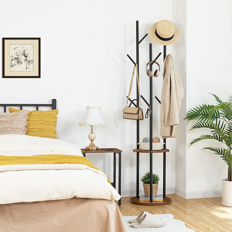 Kapstok, vrijstaand kledingrek, garderobe in boomvorm met 8 haken, 2 ronde planken, voor kleding, hoed, tas, woonkamer, slaapkamer, kantoor, donkerbruin-zwart