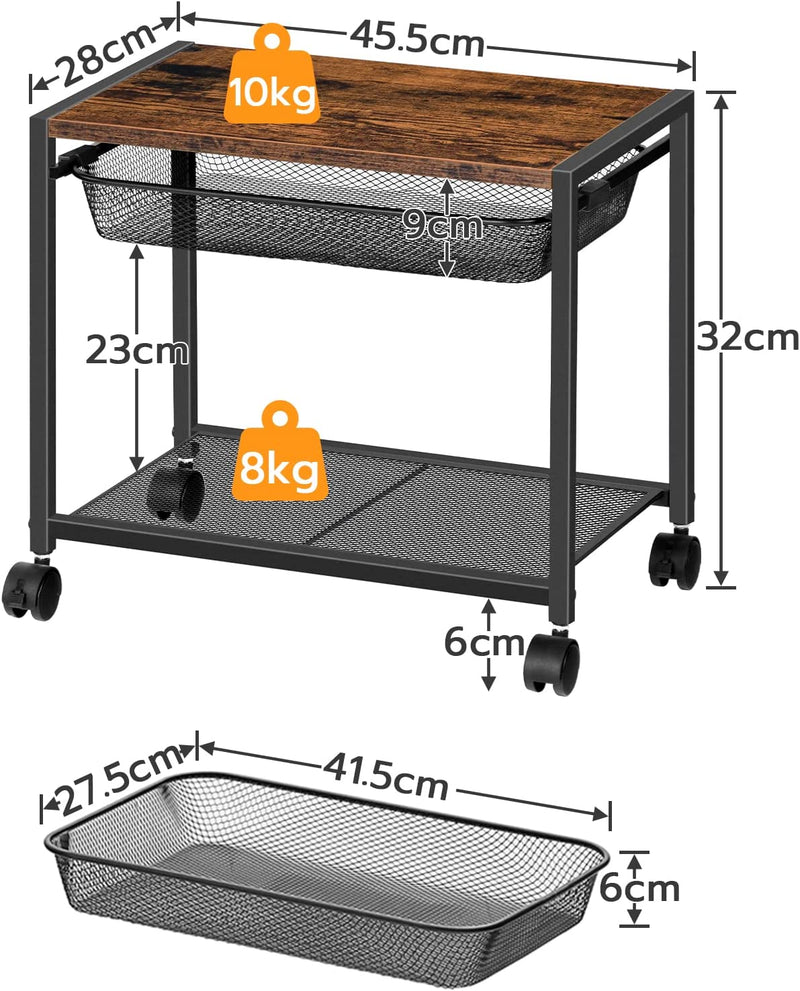 Printtafel, printerstandaard met roosterlade, rolbare printerwagen 2 niveaus, eenvoudig te monteren, geschikt voor kantoor, school, thuis EBF12PS01