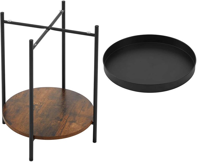 Bijzettafel, 2 niveaus, salontafel, ronde, uitneembare kom, metalen frame, voor woonkamer en slaapkamer, vintage bruin-zwart LET221B01