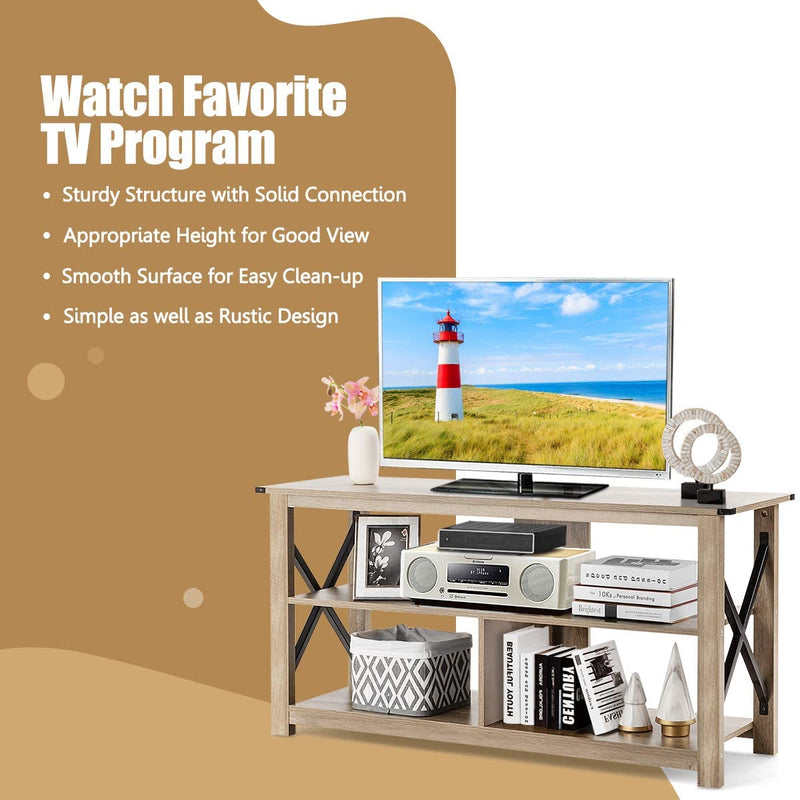 TV-tafel,120 cm  3 laags industriële tv-meubel met open planken, stevig X-stijl frame, handig kabelbeheer gaatje, boerenhuis tv-kast tv-plank tv-standaard,  120 x 40 x 60 cm (Grijs)
