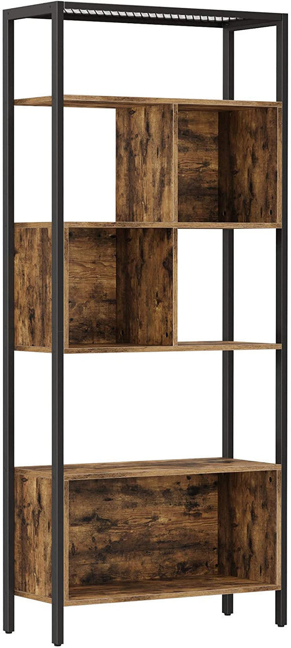 Boekenplank, staande plank, opslagplank met 5 niveaus, stalen frame, industrieel ontwerp, vintage bruin-zwart