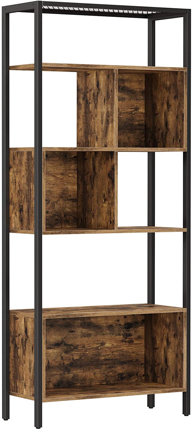 Boekenplank, staande plank, opslagplank met 5 niveaus, stalen frame, industrieel ontwerp, vintage bruin-zwart