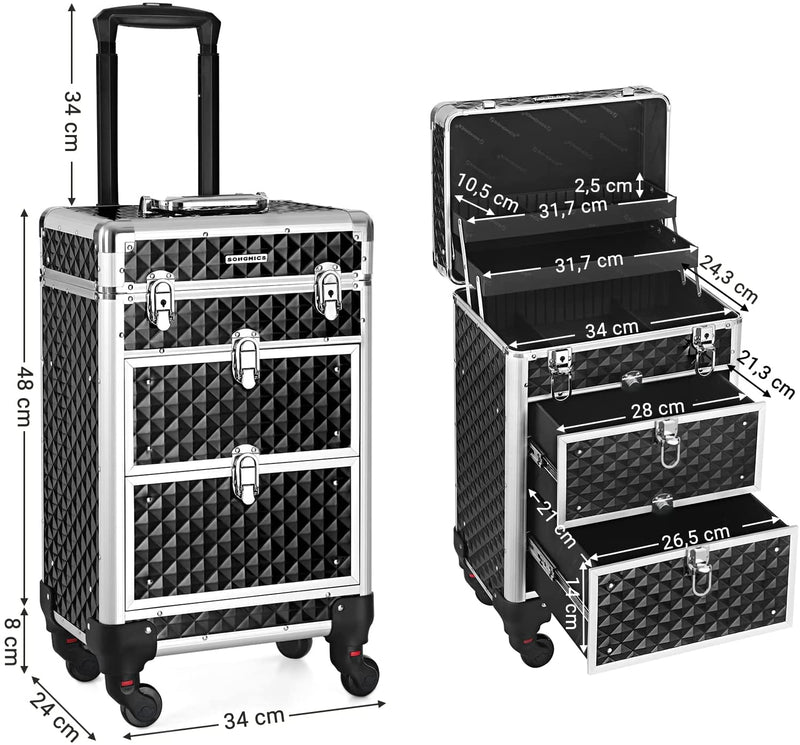 Cosmetic Case Trolley, professionele make-up case, kapperskoffer met 4 uitneembare universele wielen, make-up case, zwart JHZ08BK